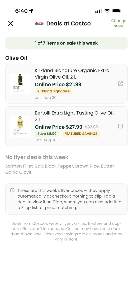 Supper's deals screen at Costco: olive oil from the grocery list is on sale this week, saving $6.00
