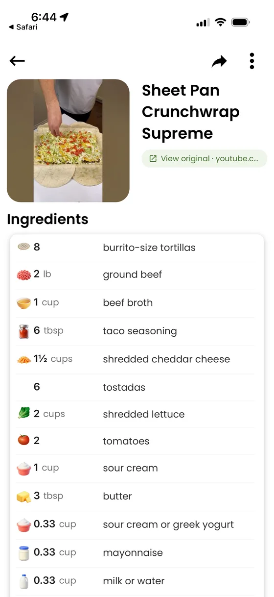 A recipe in Supper imported from a YouTube video — Sheet Pan Crunchwrap Supreme, with its full ingredient list and a link to the original video