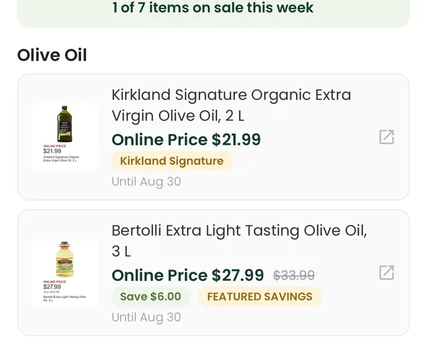 Supper's deals screen showing olive oil from the grocery list on sale this week